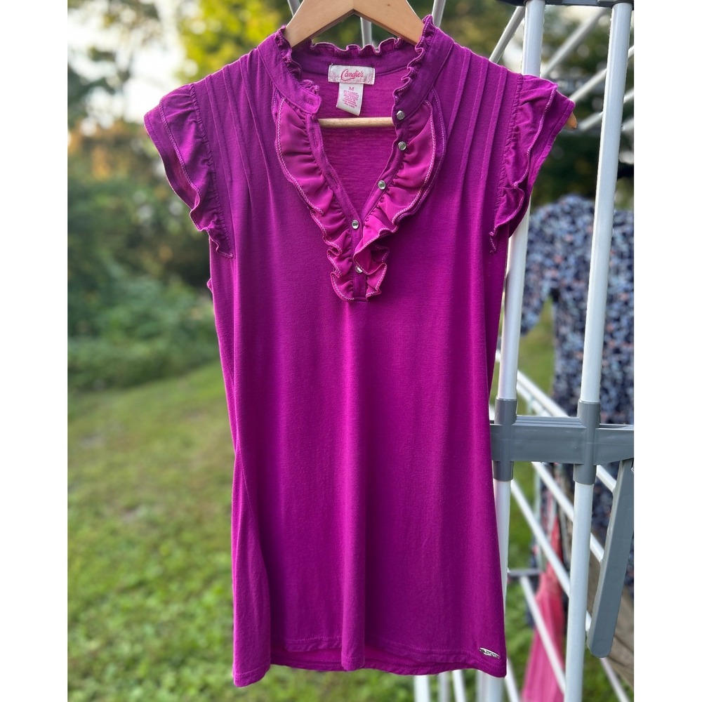 Candie's Ruffle Rhinestone Henley Top M Pink Fuchsia Y2K McBling Coquette Blouse